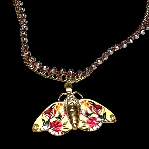 Anthropologie Fluttered Fleur Moth Butterfly Pendant Pink Gold Tone Necklace - Picture 2 of 7